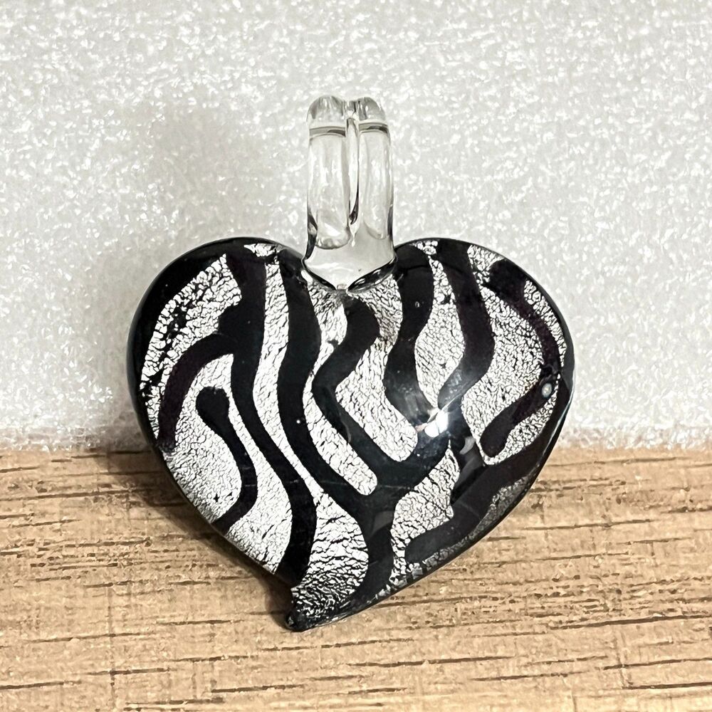 Art Glass Heart Large Pendant Black Silver Tone Foil Wavy Line Pattern Artisan